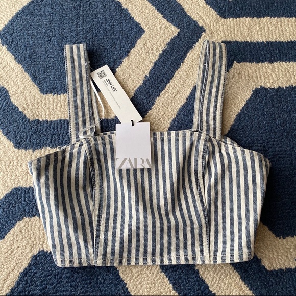 💙 ZARA BLUE IVORY STRIPE DENIM CROP TOP! - Picture 8 of 13